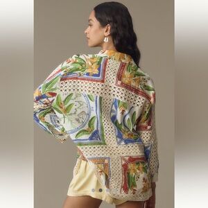 Farm Rio Anthropologie NWT Tropical Destination Linen Crochet Shirt size M.